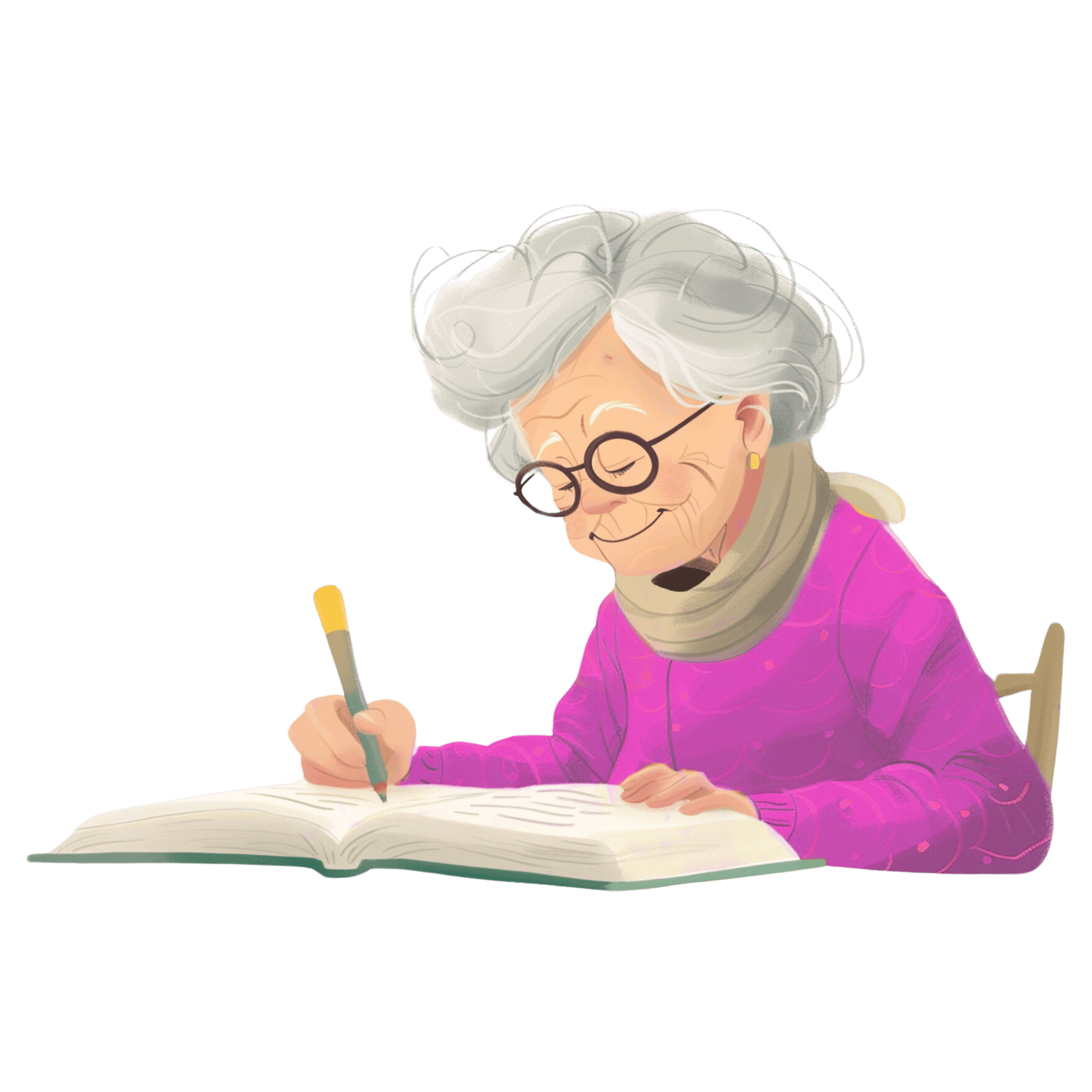 Una persona mayor con cabello blanco y gafas escribe en un libro mientras usa un suéter rosa y una bufanda gris.