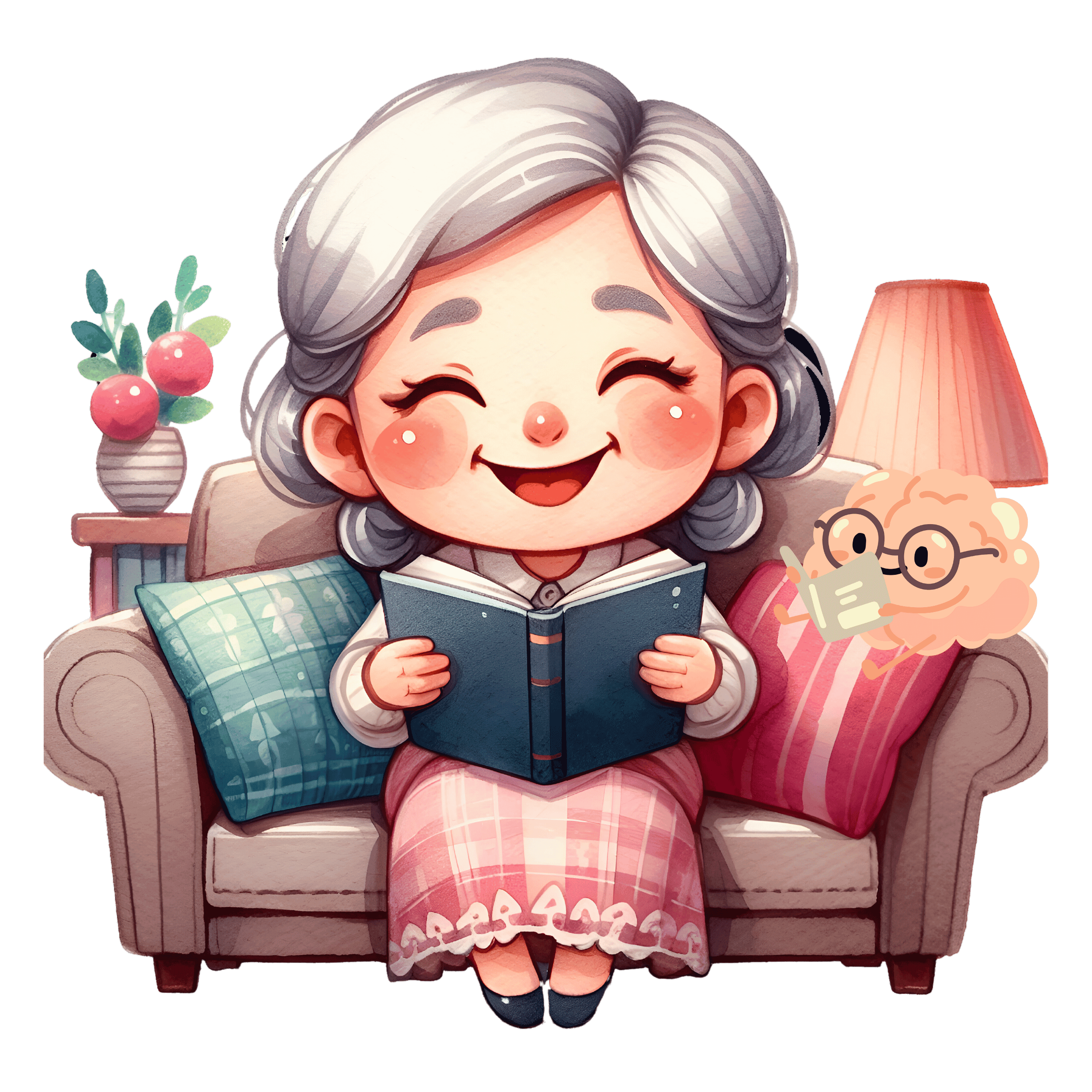 Una anciana de pelo gris sentada en un sofá, sonriendo y leyendo un libro. El ambiente es acogedor, con cojines, una lámpara y un jarrón de flores cerca. Un cerebro animado lee un libro a su lado.