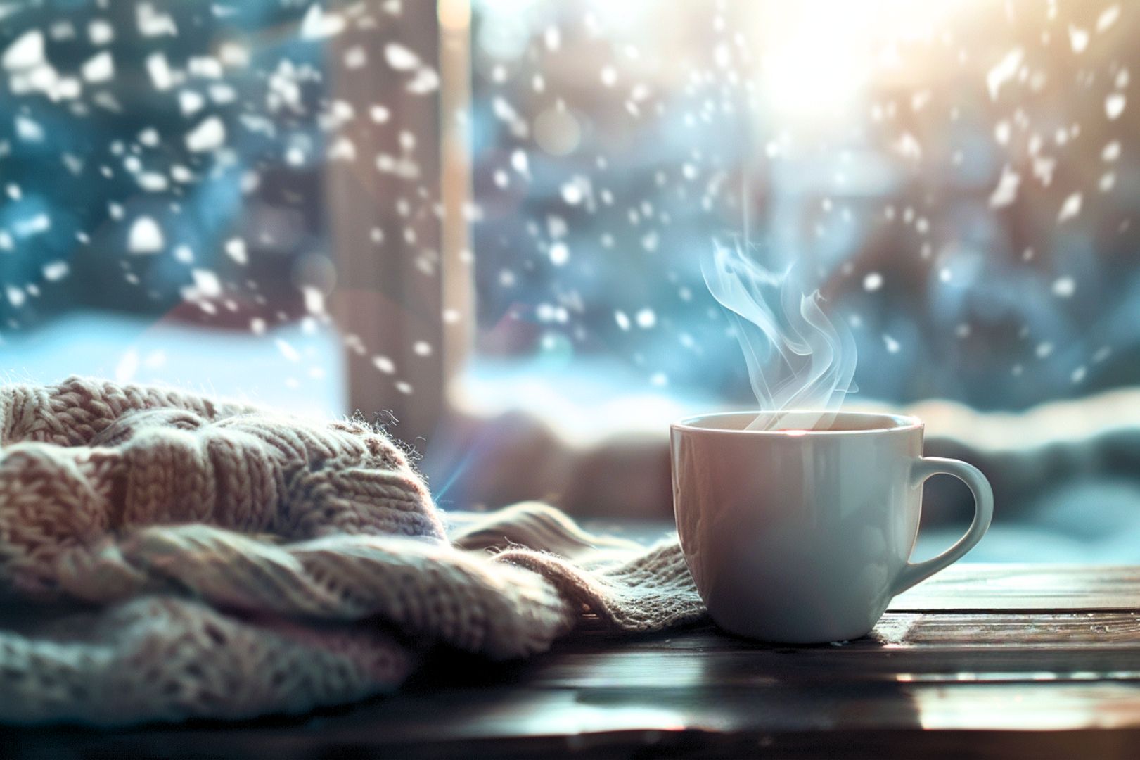 Una taza de café humeante junto a una acogedora bufanda tejida sobre una mesa de madera, con nieve cayendo suavemente en una escena invernal iluminada por la cálida luz del sol.