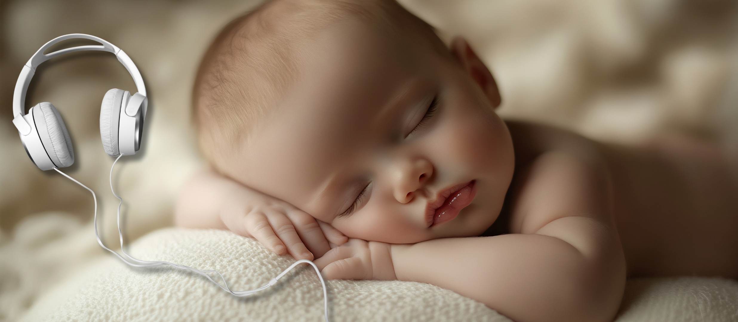 Un bebé dormido descansa sobre una suave manta con un par de auriculares blancos colocados cerca.