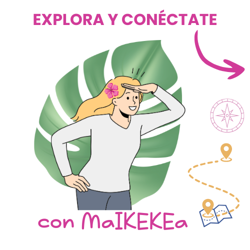 Ilustración de una mujer con una flor en el pelo mirando hacia delante. Texto: "Explora y conéctate con MaIKEKEa". El fondo muestra una hoja verde e iconos de navegación.