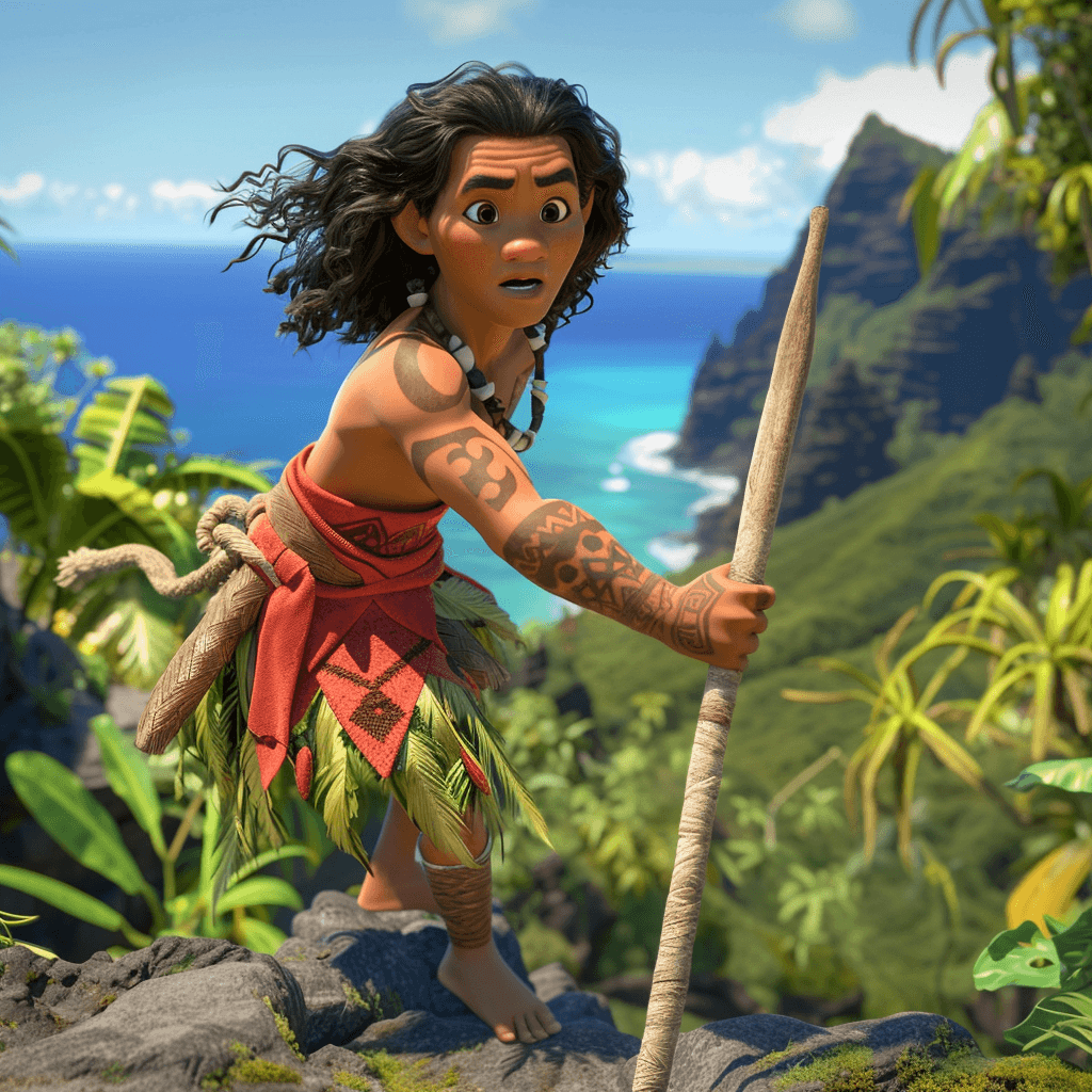 Joven guerrero llamado Kapo’i, de pie en una orilla rocosa con una lanza, luciendo decidida, con una isla verde y exuberante y el océano de fondo, encarnando la cultura hawaiana y el silencio.