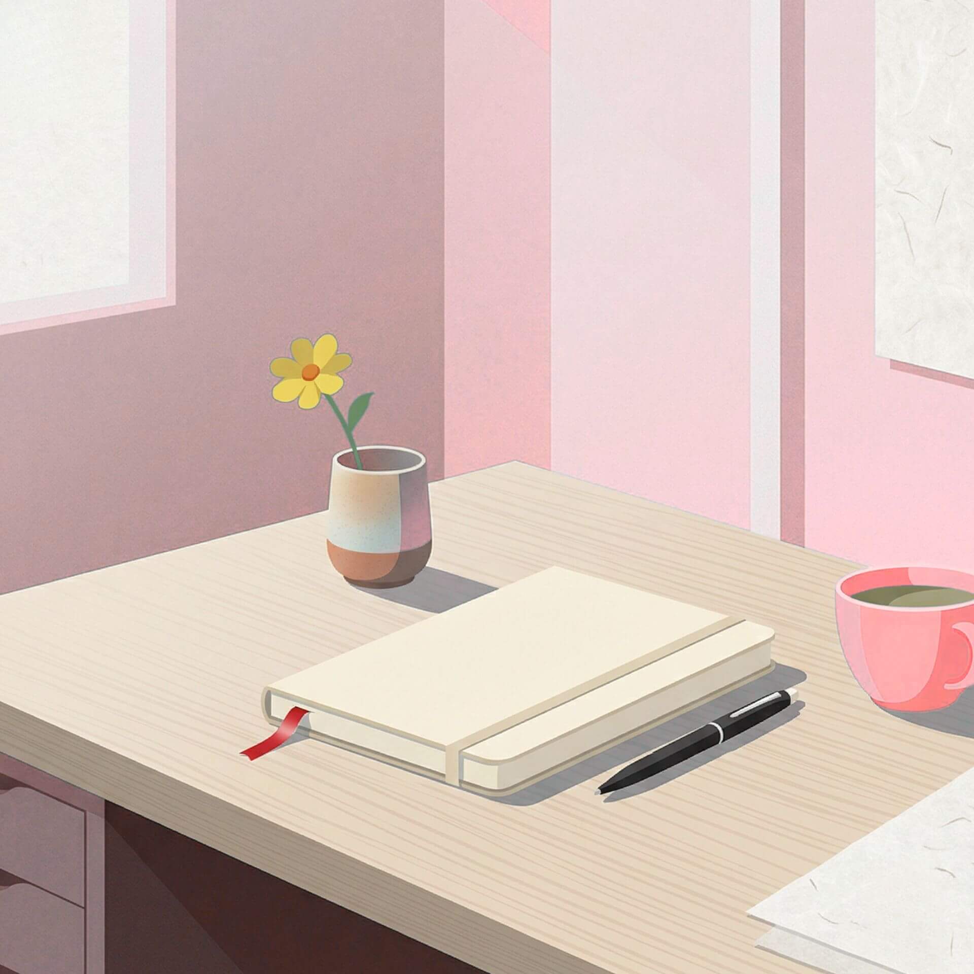 Un cuaderno beige, un bolígrafo negro, una taza de café rosa y un pequeño jarrón con una flor amarilla sobre un escritorio de madera clara en una habitación rosa.