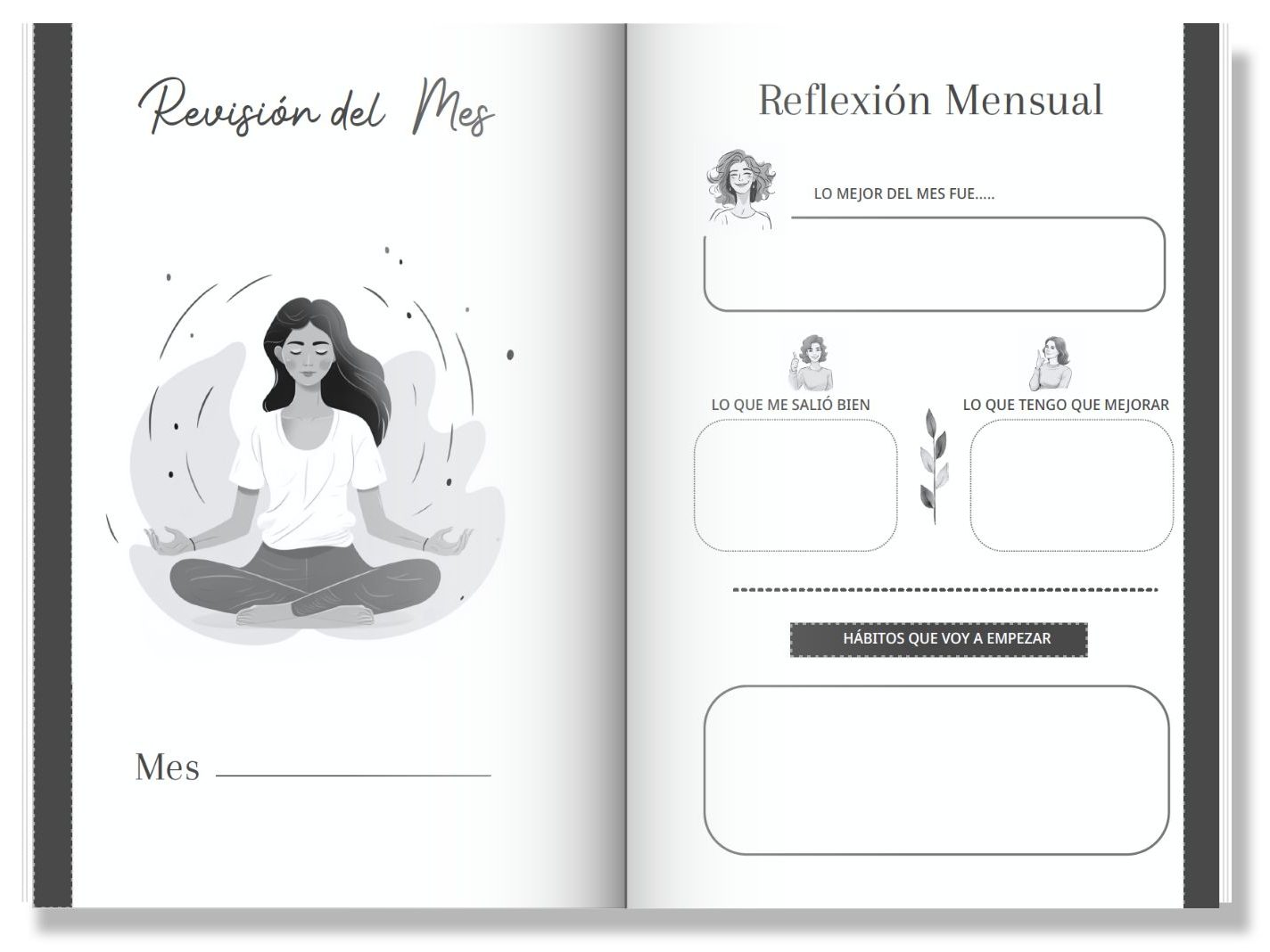 Un cuaderno con la ilustración de una mujer sentada en una pose de yoga.