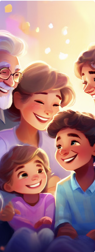 Una ilustración de una familia multigeneracional feliz con dos adultos, dos niños y un anciano, todos sonriendo y mirándose, con una cálida luz de fondo.