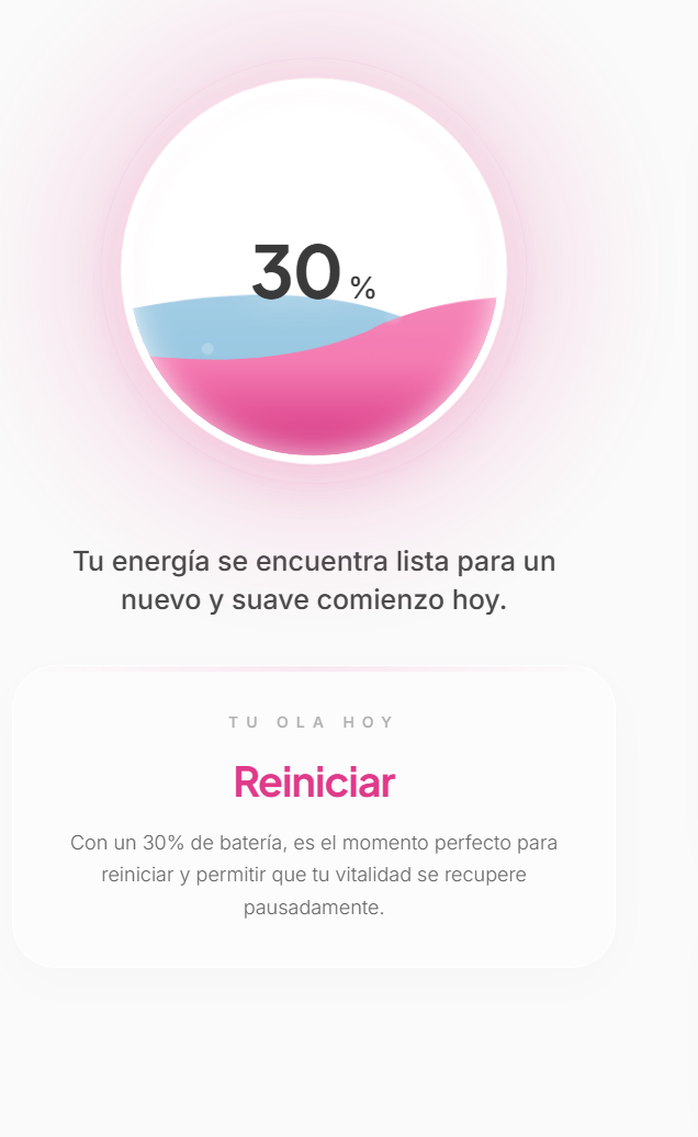 Indicador circular que muestra un 30% y líquido rosa, con un texto que sugiere que con un 30% de batería, es un buen momento para reiniciar y recuperar energía.