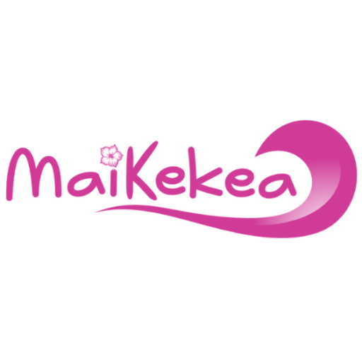 La imagen presenta el logotipo "MaiKeke" en fuente cursiva rosa con un diseño de onda estilizado a la derecha.