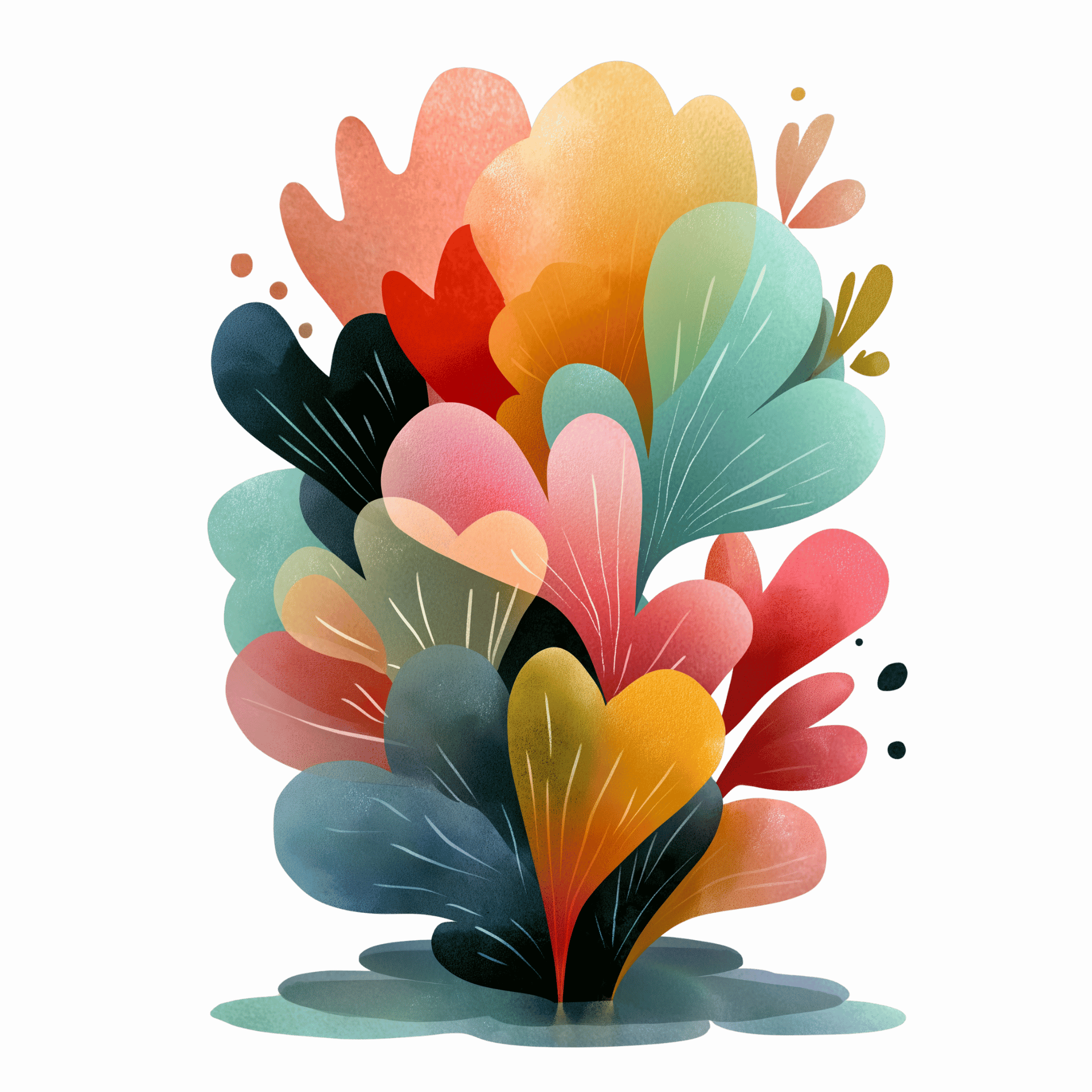 Ilustración abstracta de coloridas formas superpuestas en forma de corazón y hojas en tonos pastel con un efecto texturizado de acuarela sobre fondo blanco.